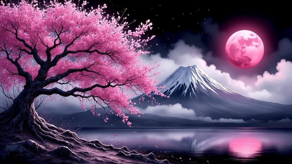 Cherry Blossom Tree with Mt. Fuji: Anime Style
