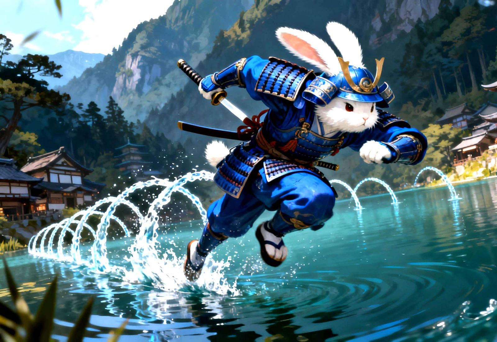 Samurai Bunny in Epic Action Pose, Digital Illustration