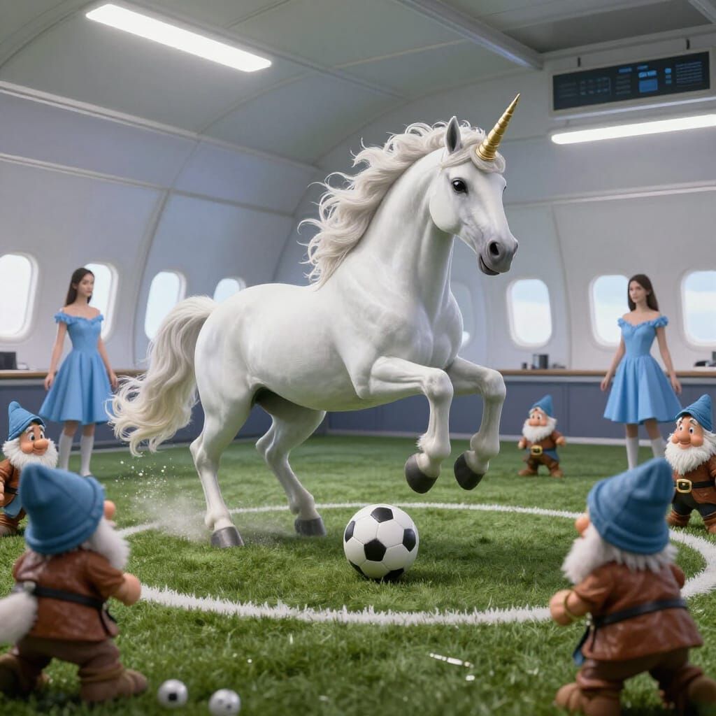 Unicorn Plays Football with Dwarves in Hangar