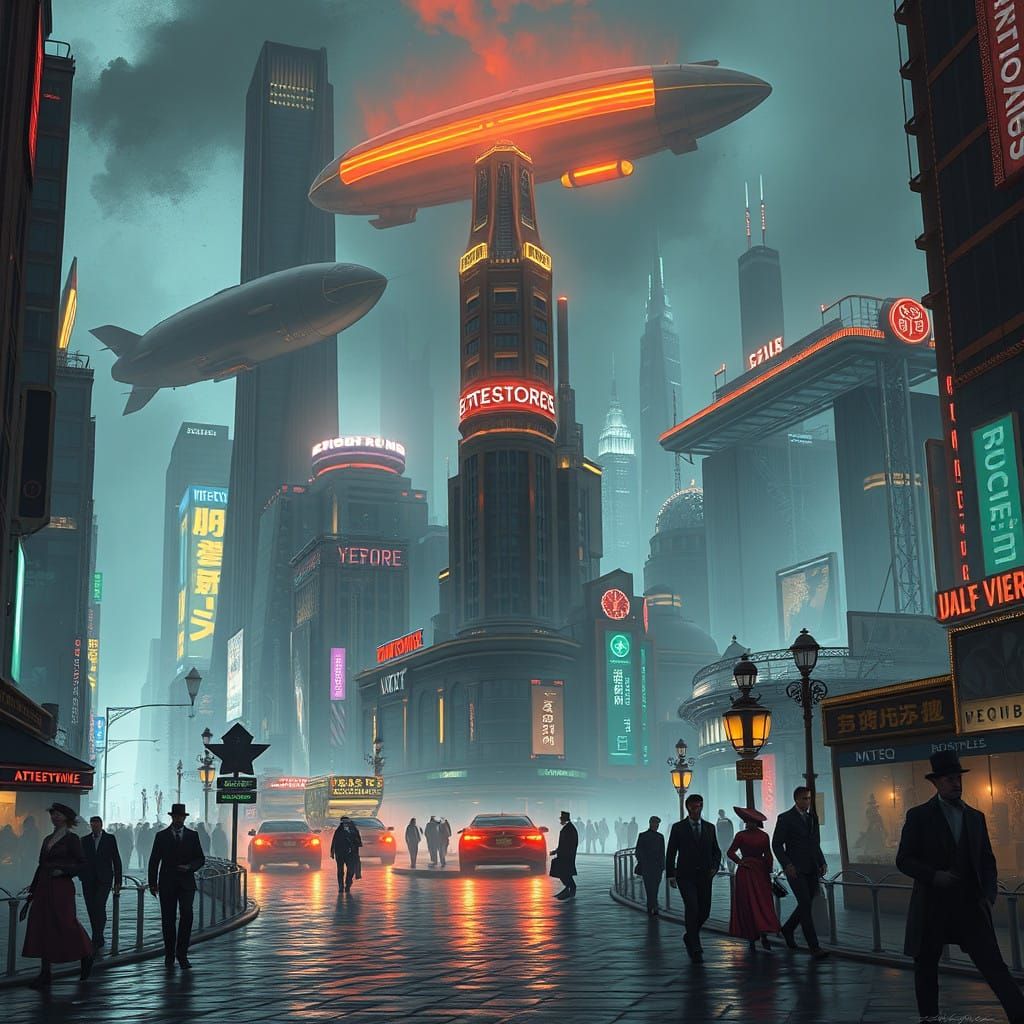 Futuristic Metropolis in 2025 with Victorian Steampunk Accen...