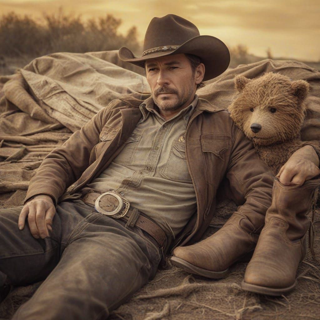 Aged Cowboy Lays with Teddy Bear in Sunset Glow