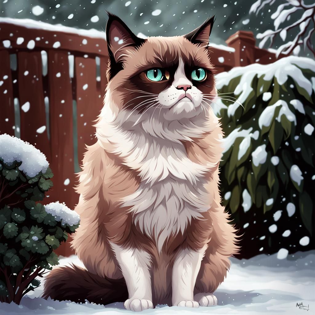 Grumpy Cat Discontent in First Snow: Digital Art