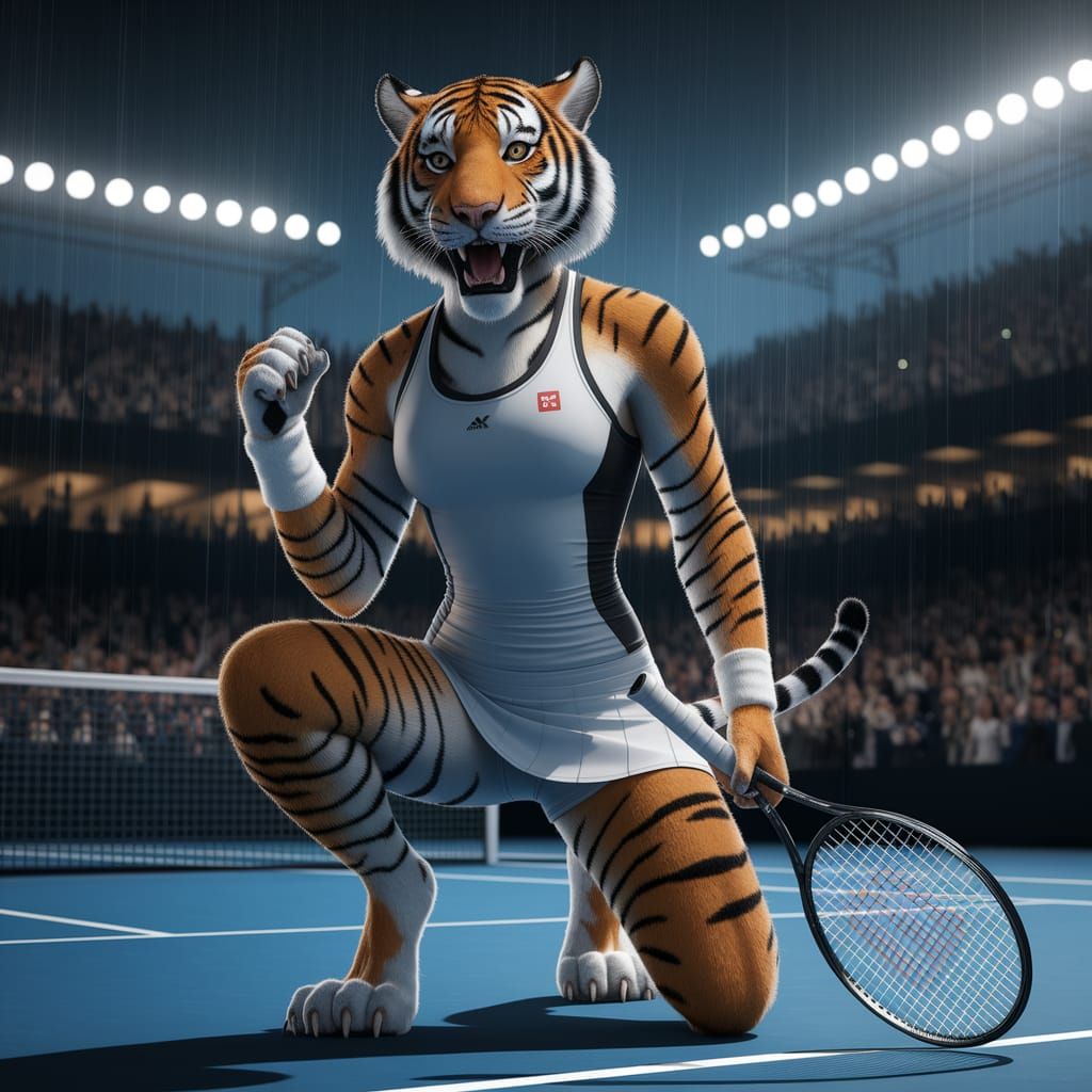 Victorious Anthropomorphic Tiger Tennis Champion in Rain
