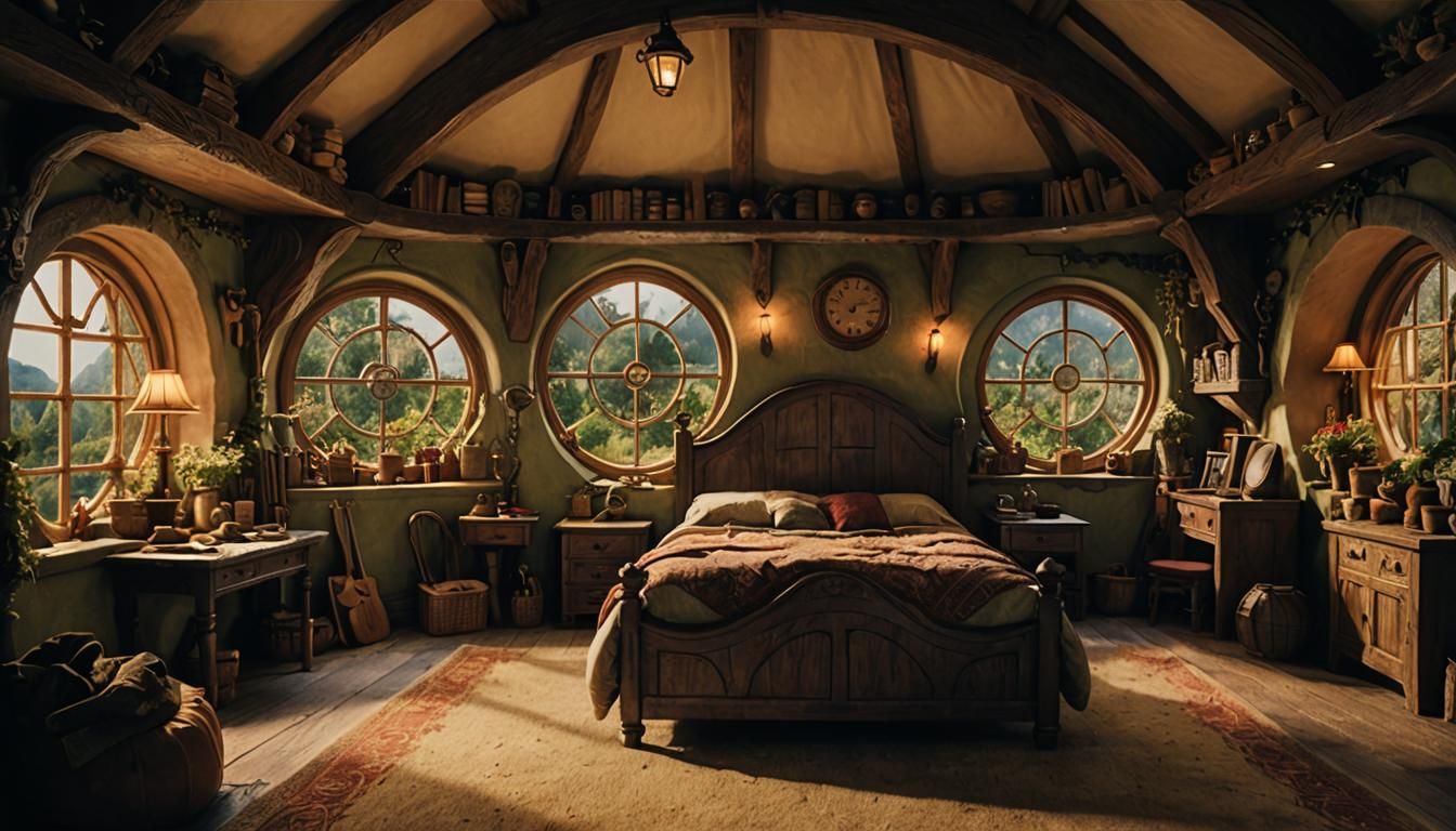 Cozy Hobbit House Bedroom in Cinematic Style