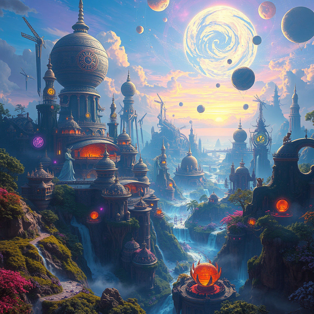 Astral Realm Cityscape with Entities in Fantasy Sci-Fi Style