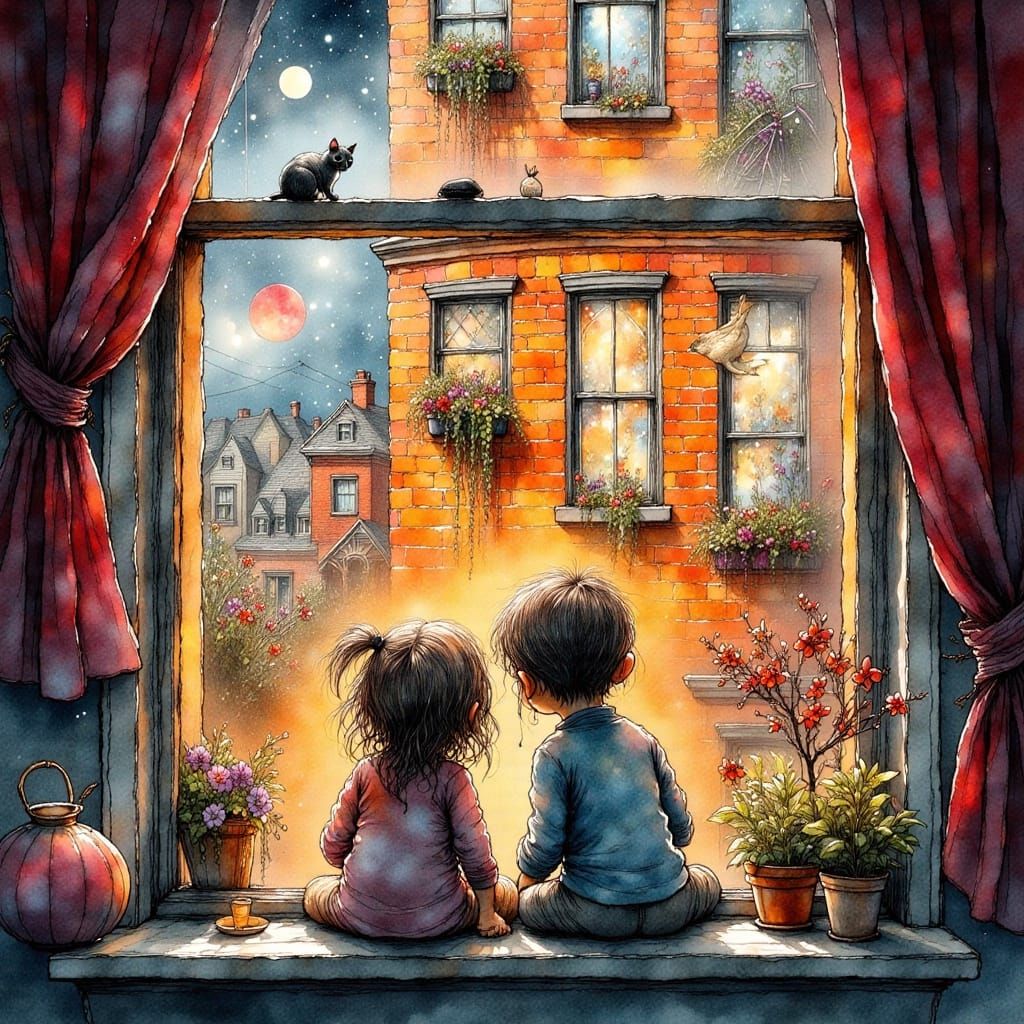 Whimsical Nighttime Neighborhood Scene in Ink