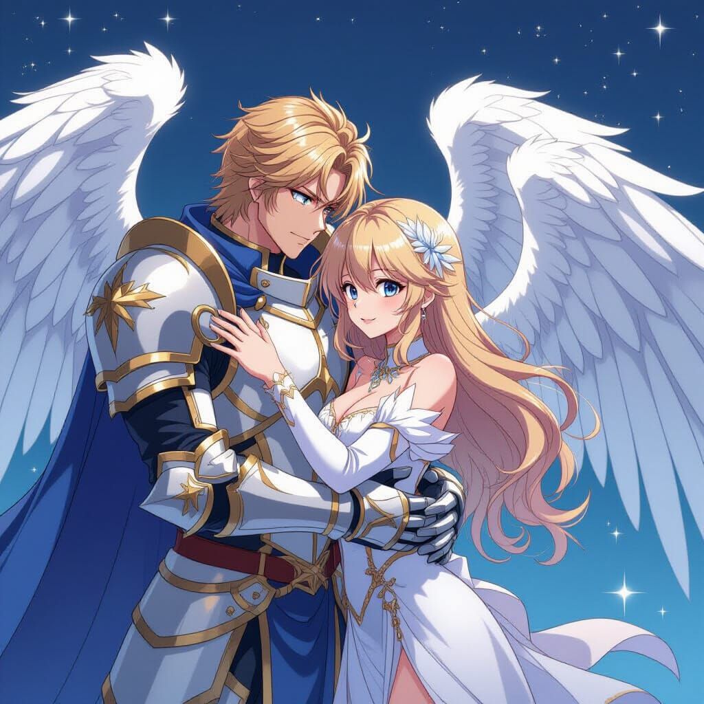 Celestial Knight Embraces Holy Angel in Anime Style