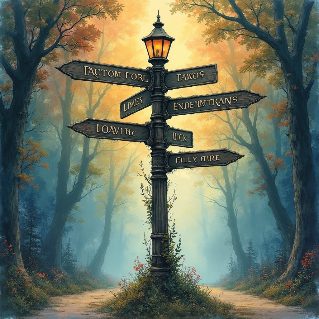 Magical Fairytale Crossroads in Watercolor Style