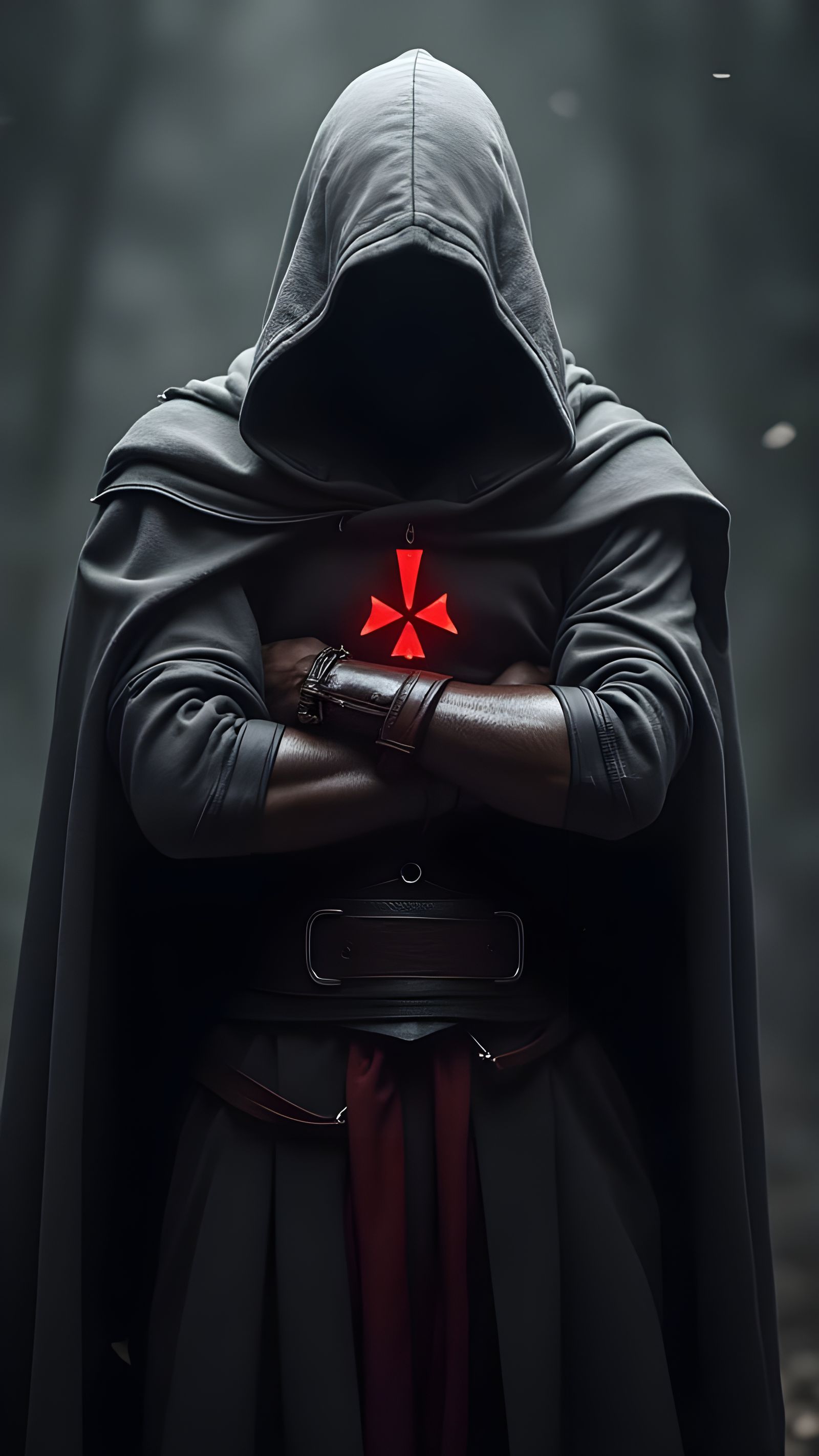 Mysterious Hooded Figure with Glowing Emblem