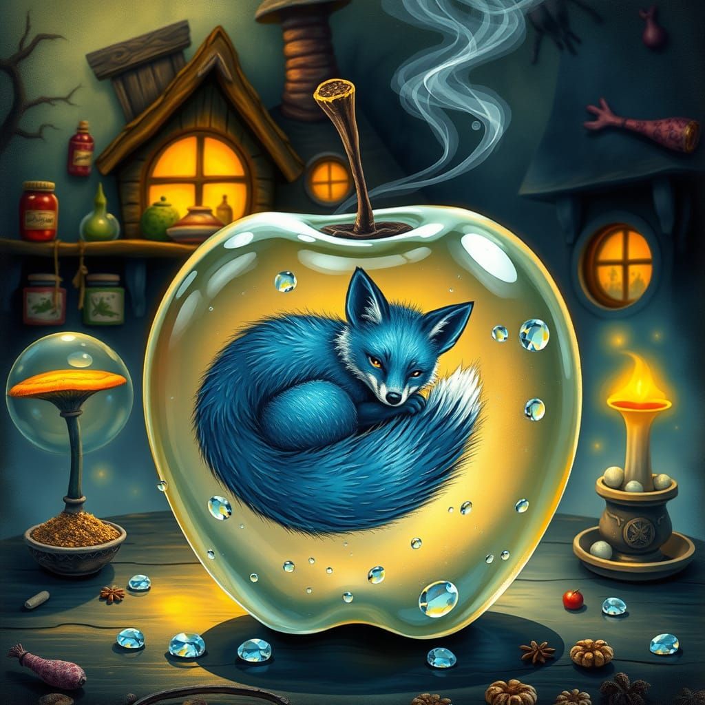 Crystal Clear Apple in Dreamlike Whimsy with Witch's House