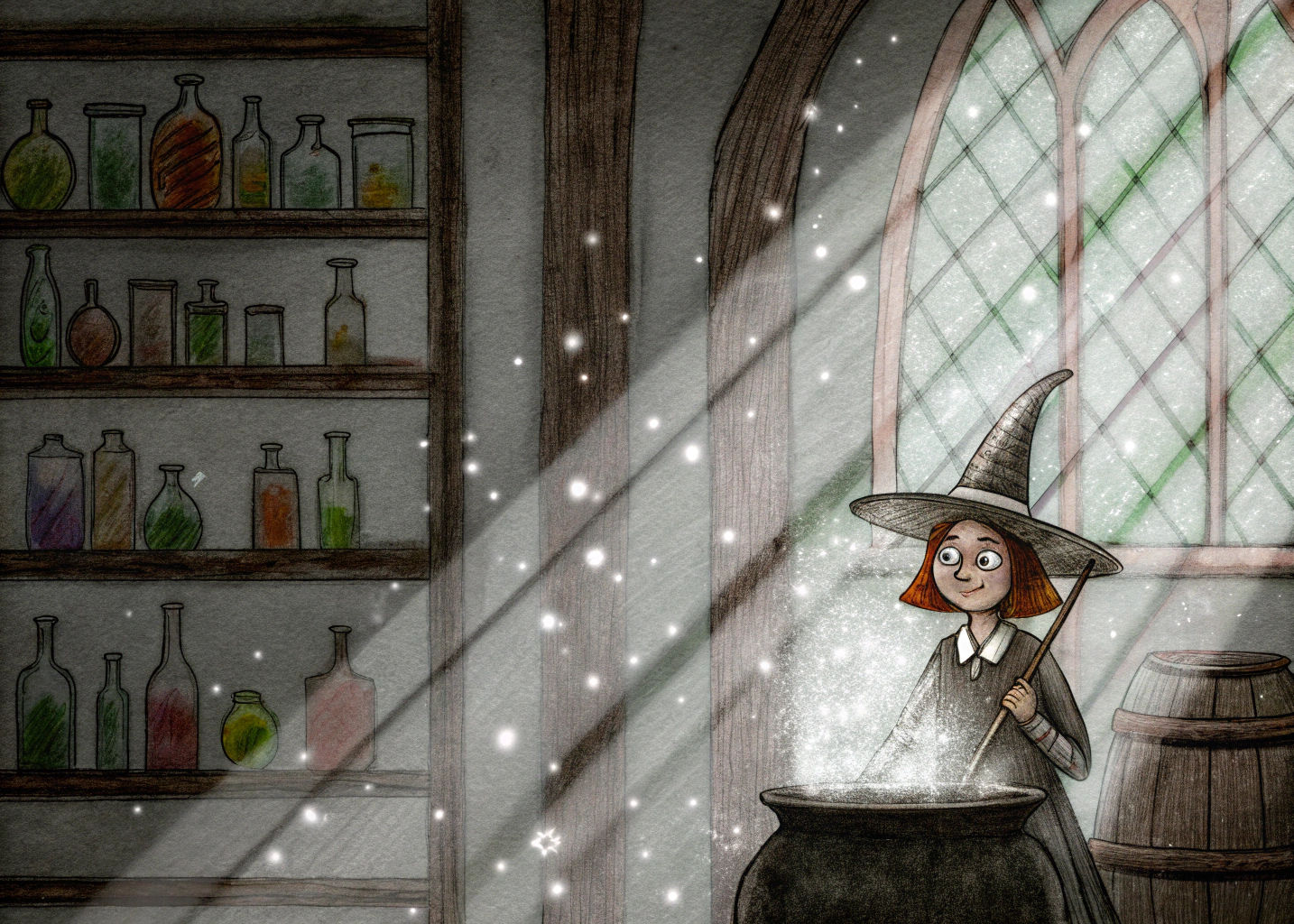 Charming Witch Brews Potion in Gouache Style