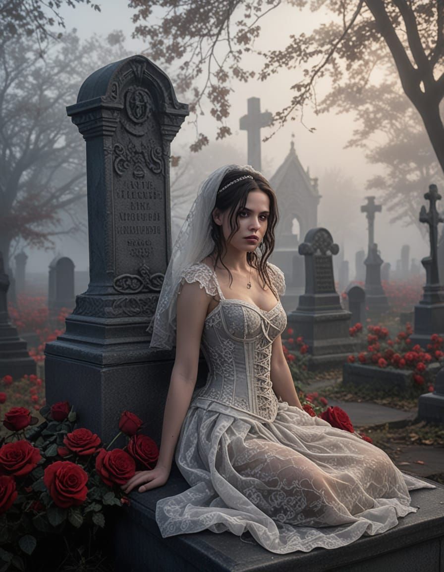 Gothic Romance Cemetery Pin-Up in Volumetric Light