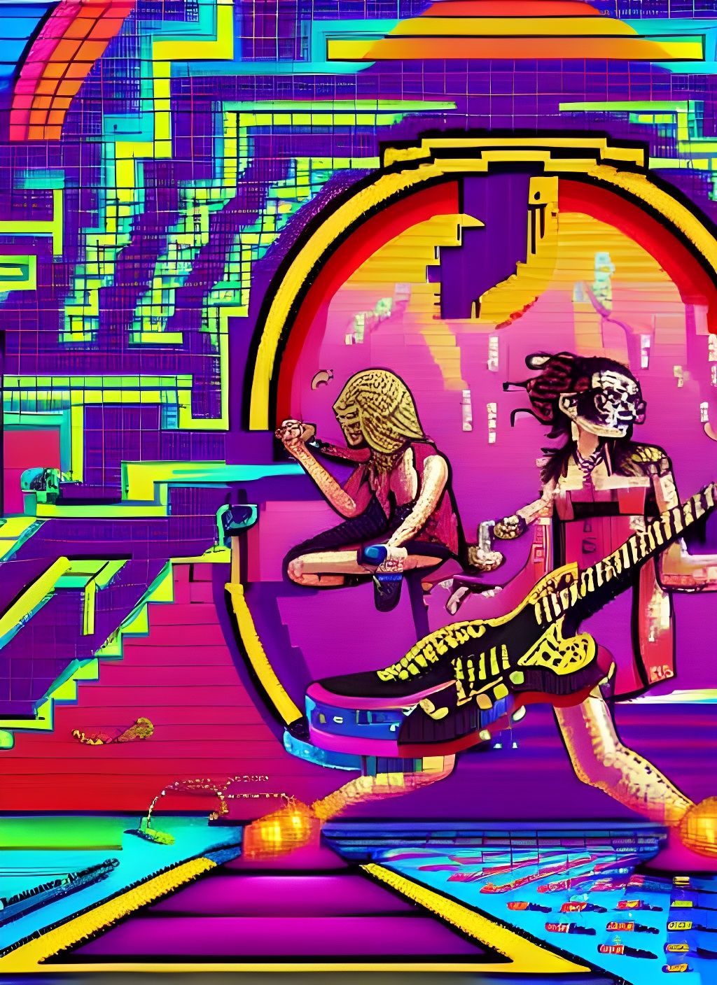 Pixel Art Rock Band Concert in Psychedelic Mansion