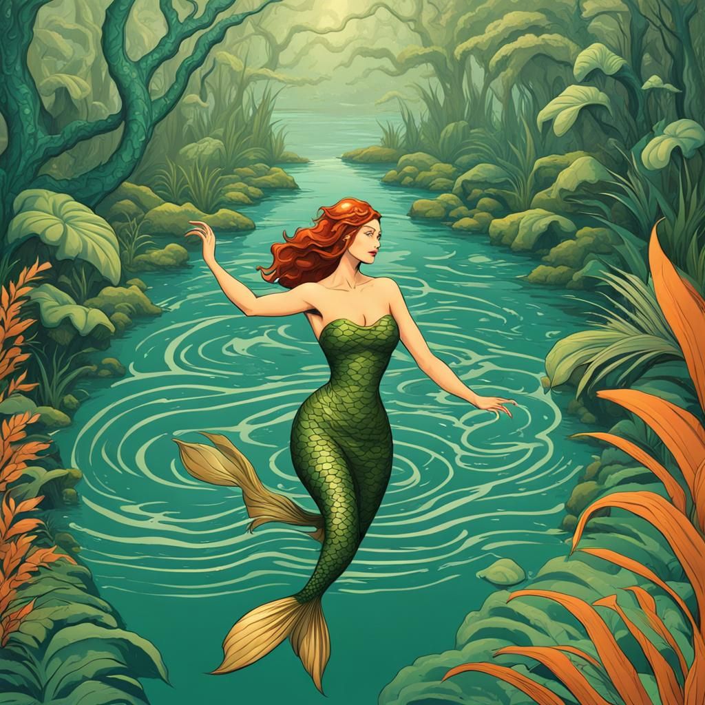 jungle girl swimming against the currents of an art deco style river against mermaid