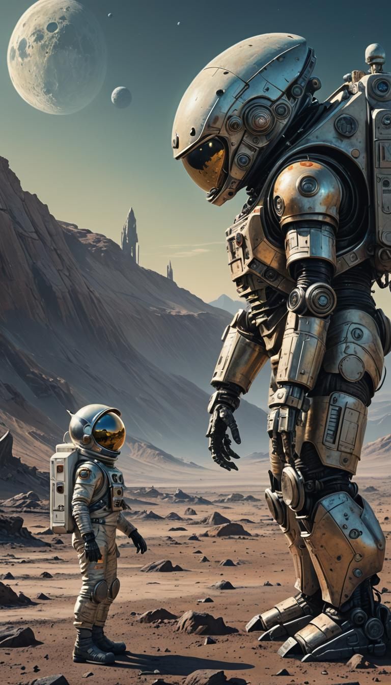 Alien and Astronaut Touch Hands in Fantasy Art