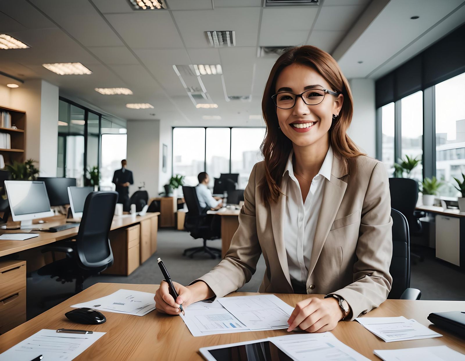 Smiling Businesswoman at Office Desk