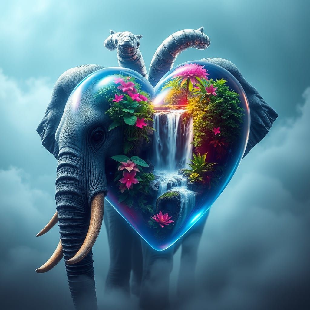 Vibrant Holographic Heart Swirls with Jungle Life in Cyberpu...