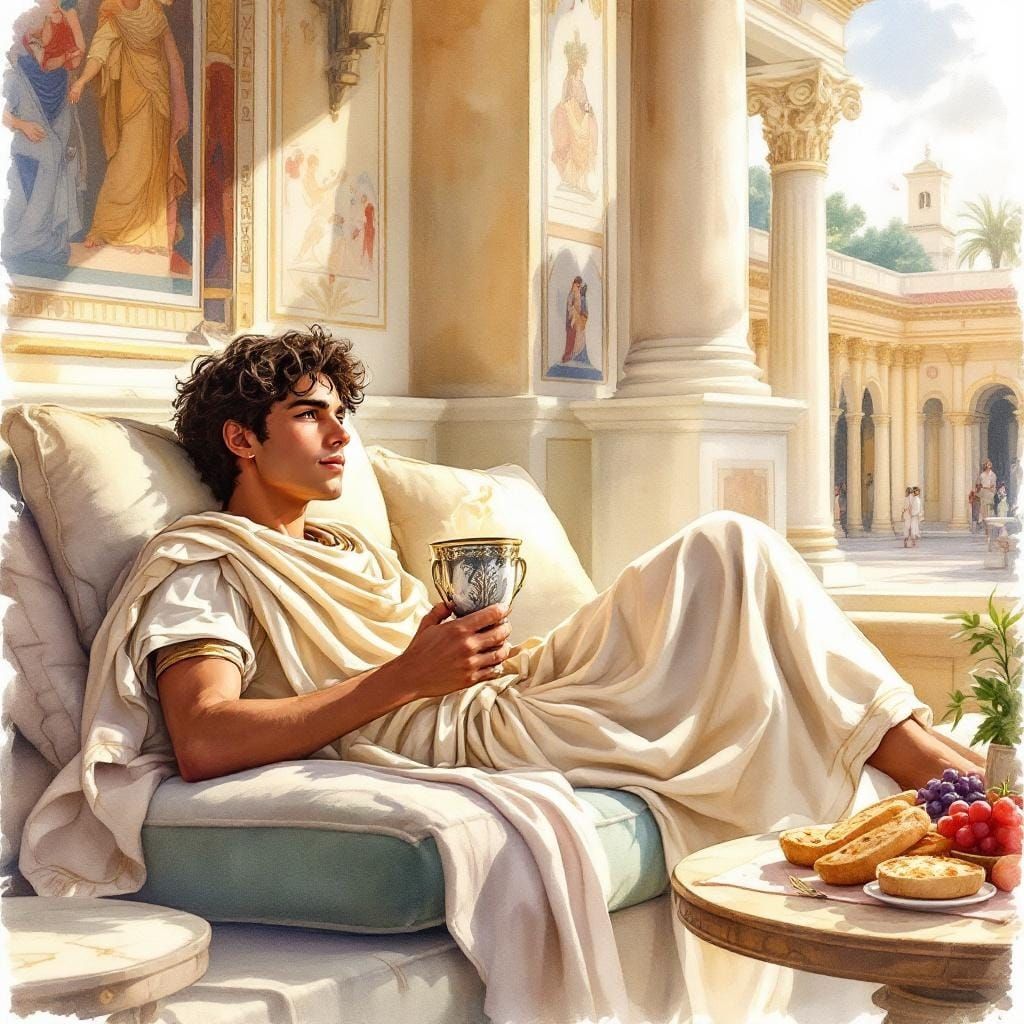 Roman Youth Sipping Juice: Watercolor Storybook Illustration
