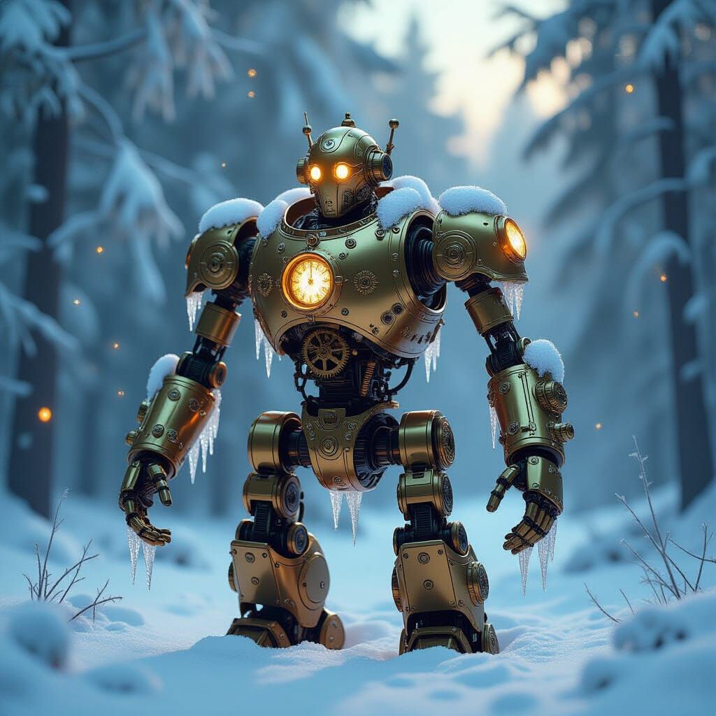Steampunk Automaton in Snowy Forest Under Nebula Glow