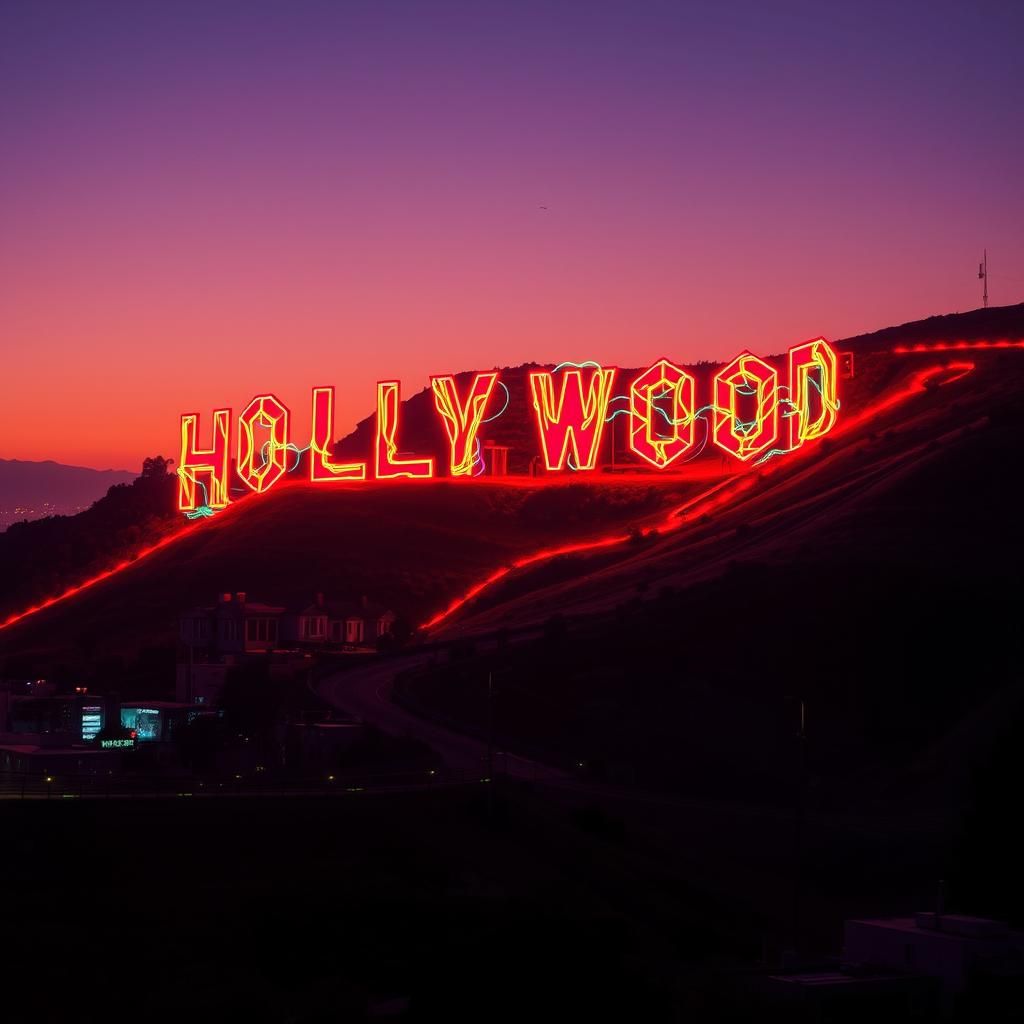 Neon Hollywood Sign in Retro-Futuristic Style