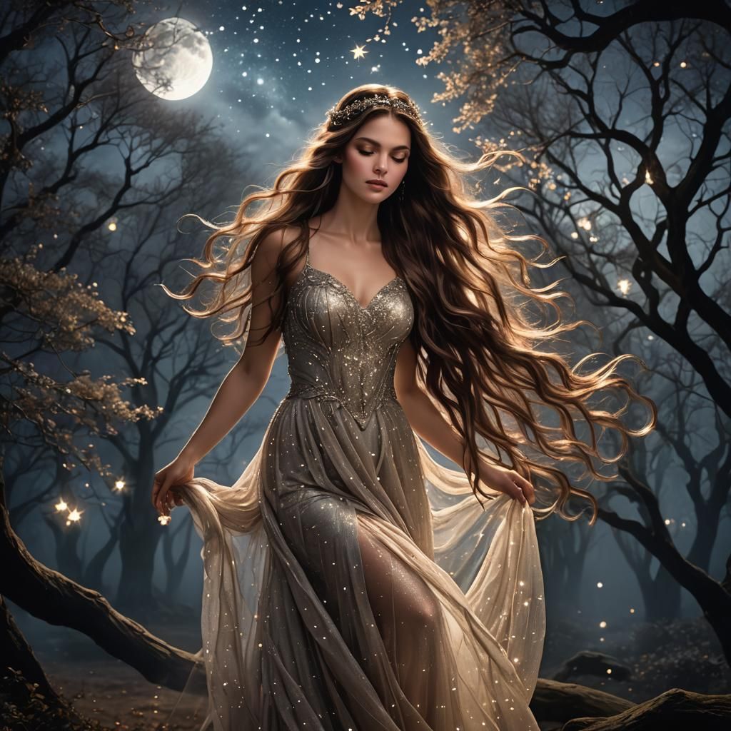 Ethereal Moonlit Maiden in Art Nouveau Style