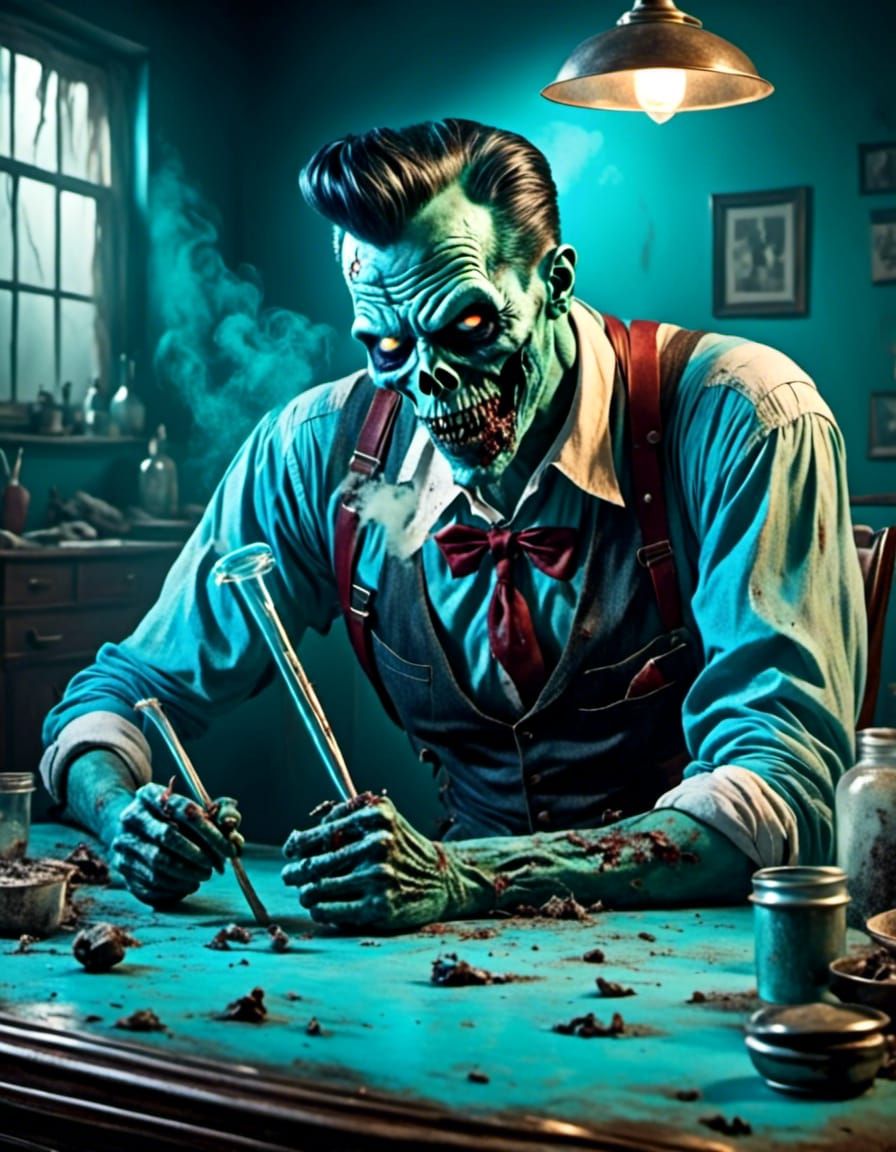 Zombie's Unholy Ritual in Psychedelic Horror Style