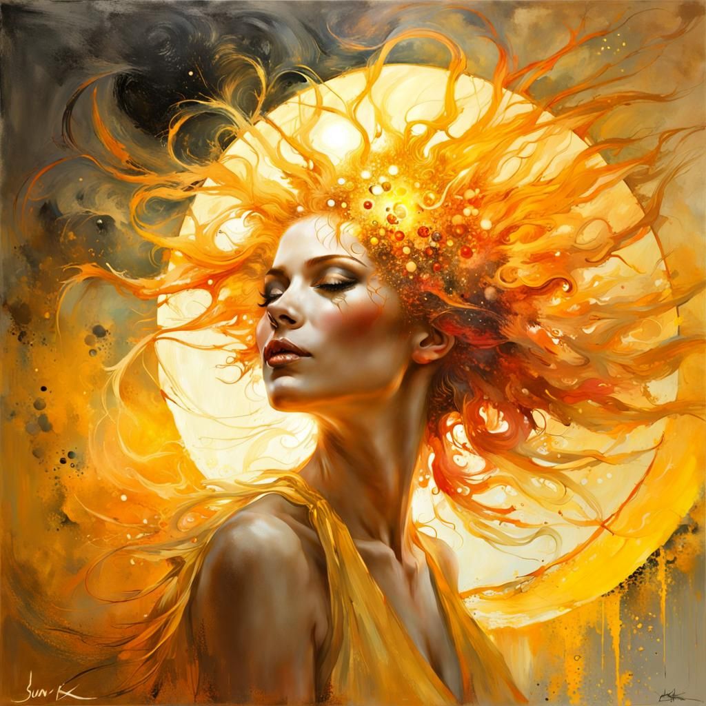 Solar Goddess with Fiery Hair: A Sun-Themed Painting