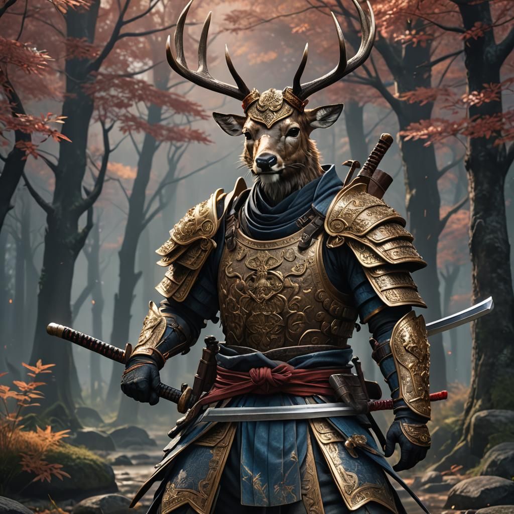 Armored Deer Samurai with Katana: Hyperrealistic 4K