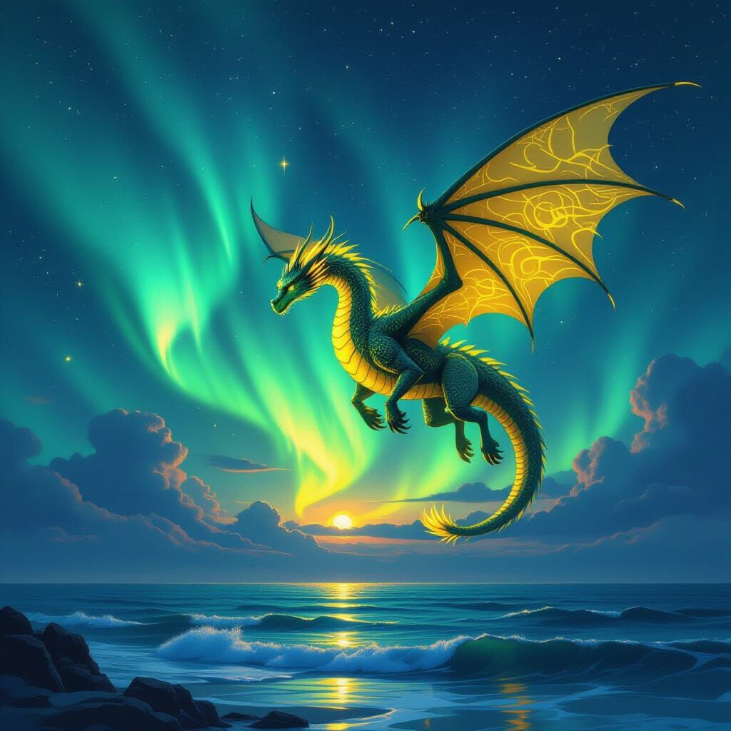 Majestic Dragon Soars Under Aurora Borealis