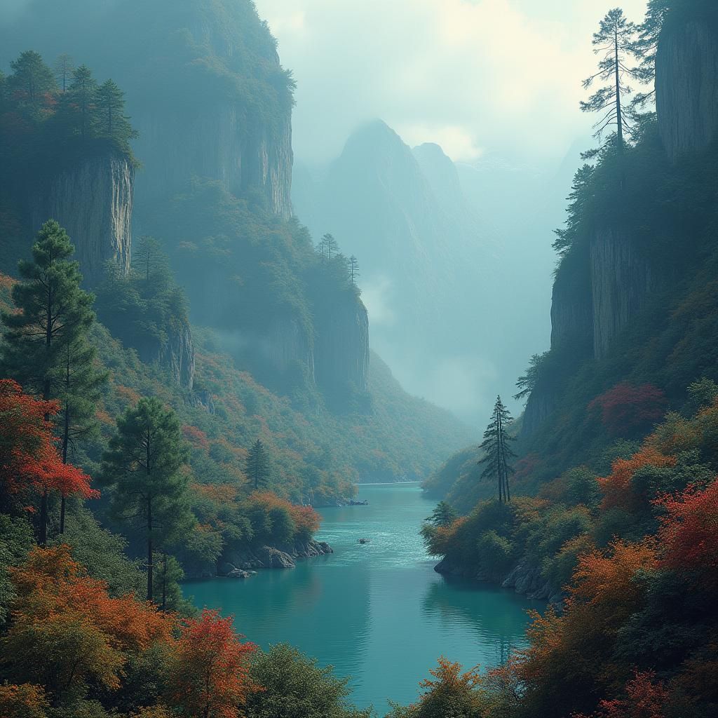 Lush Mountain Valley with Waterfalls in Dreamlike Matte Pain...