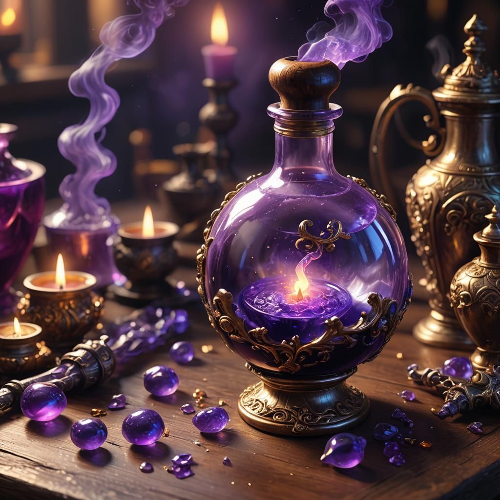 Steaming Purple Potion in Ornate Vial