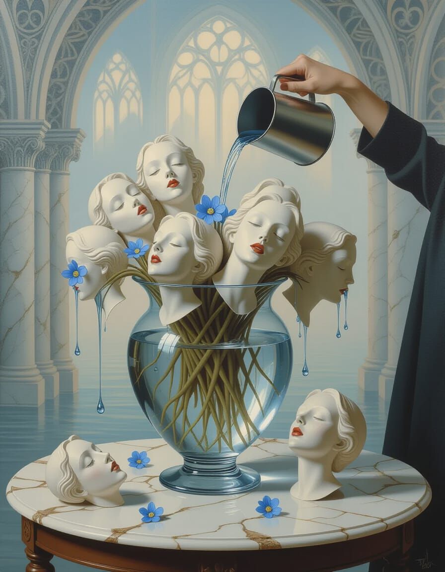 Macabre Dream Scene: Women's Busts in Glass Vase