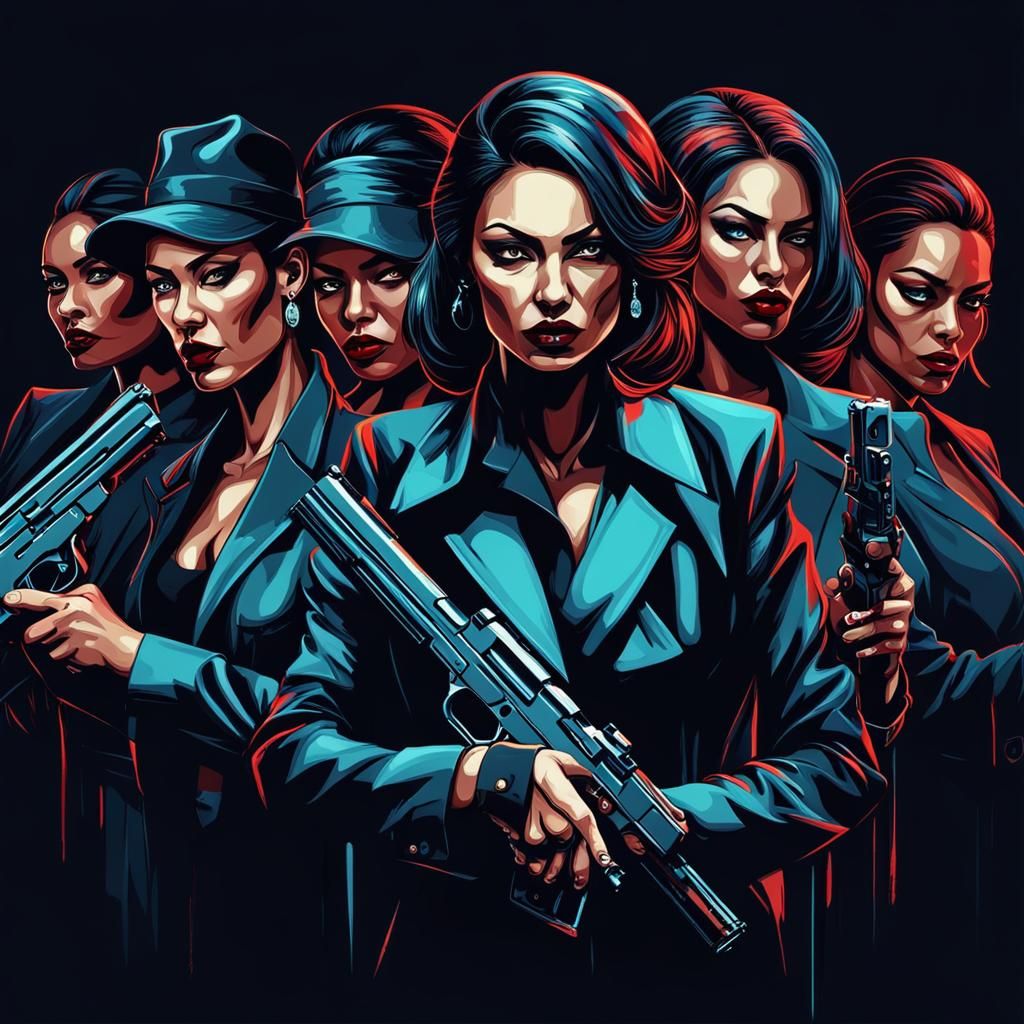 Powerful Female Gangsters at Night in Abstract Art