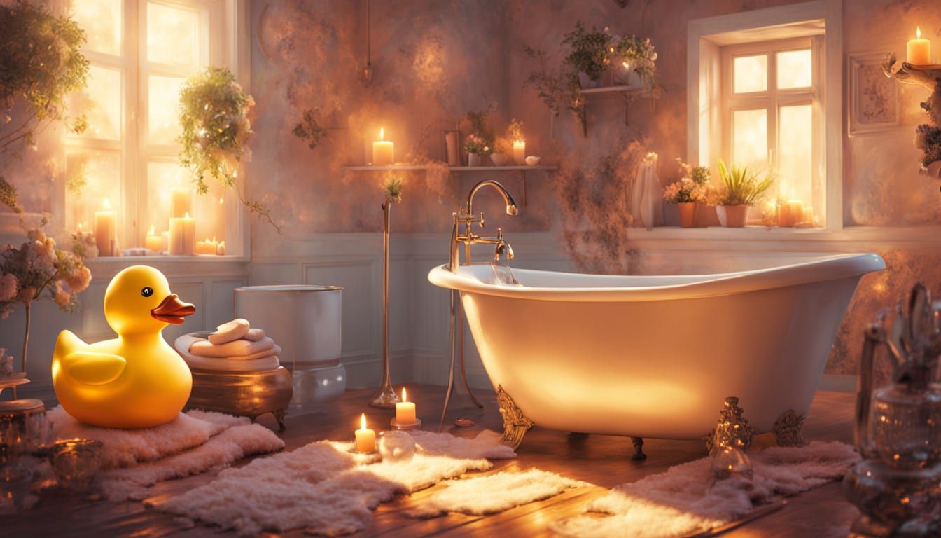 Golden Rubber Duck in Whimsical Bathtub Scene