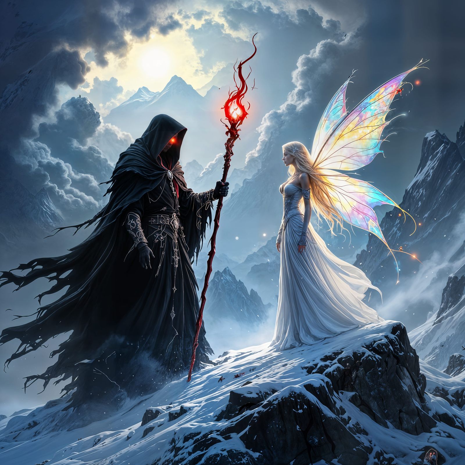 Evil Wizard Confronts Good Fairy on Snowy Mountain