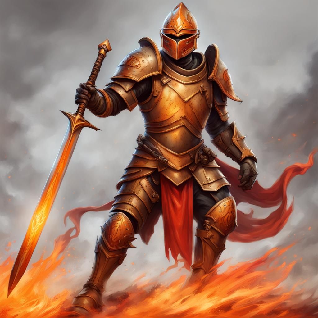Fire Genasi Warrior in Battlefield with Flaming Sword