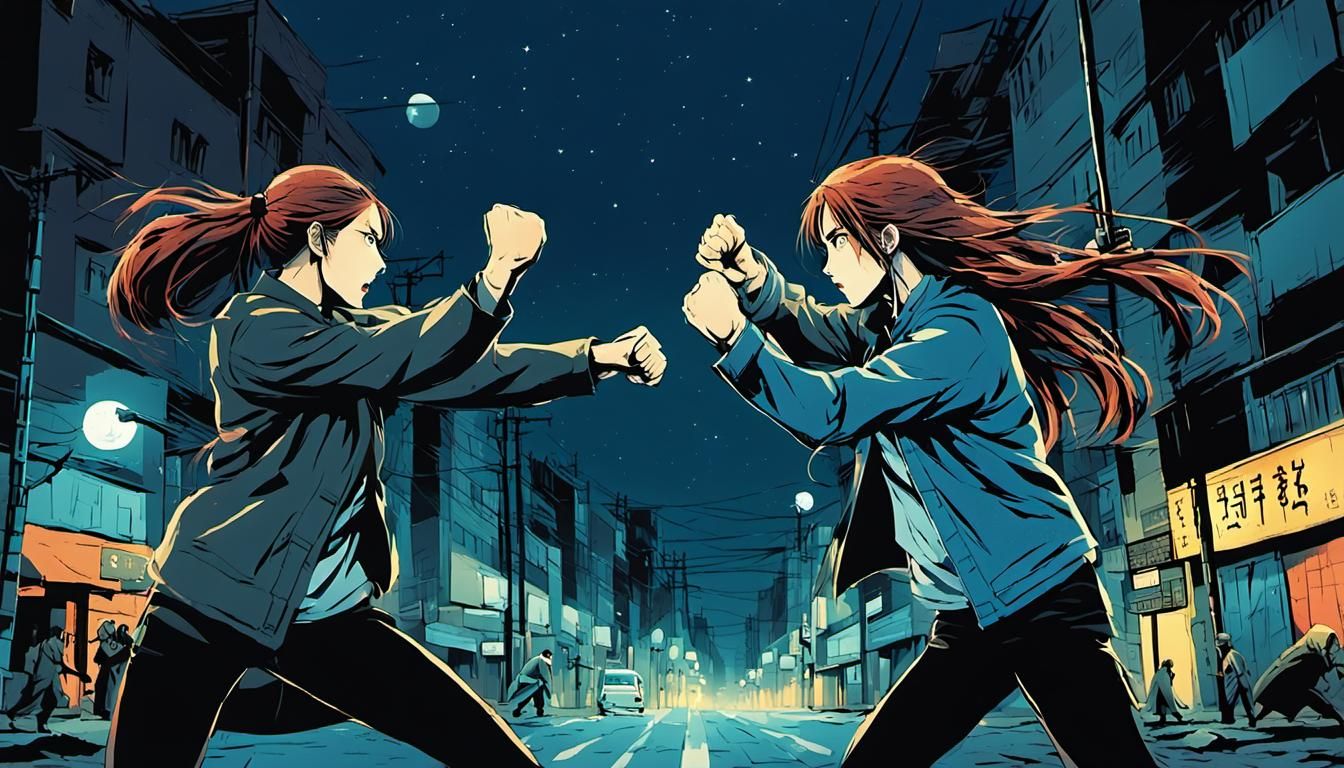 Women's Night Fight in Manga Style