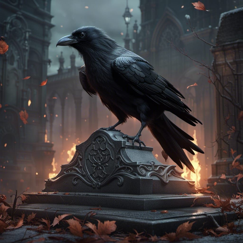 Crow on Tombstone: Dark Fantasy Art in 8K