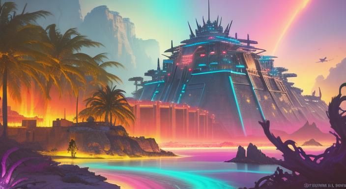 Futuristic Beach Fortress with Cryptids, in Art Deco Style