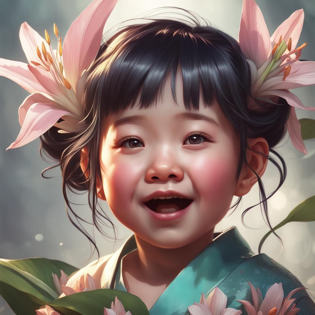 Chinese Toddler Portrait with Lily, Hyperdetailed Art