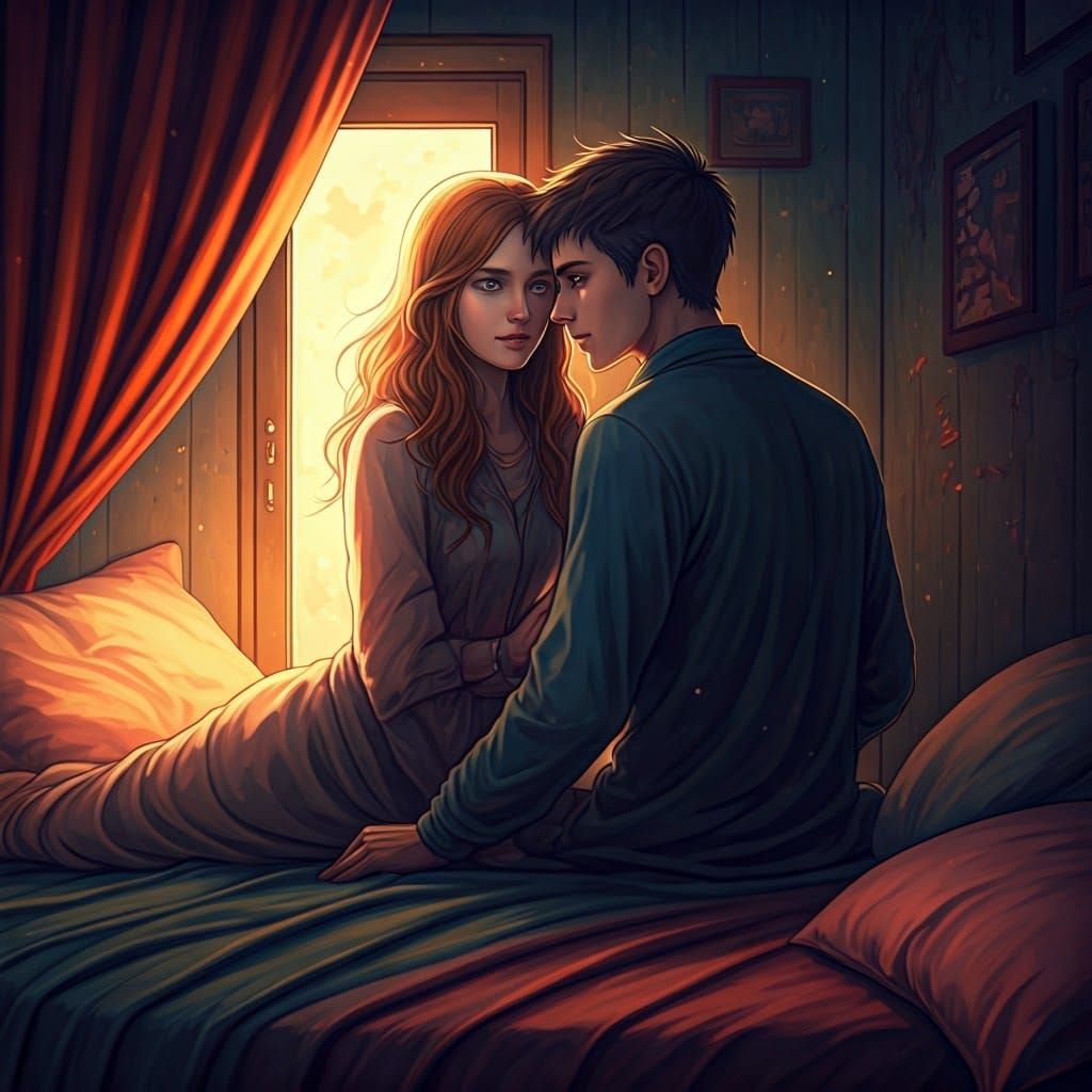 Hyperrealistic Embrace in a Detailed Bedroom Scene