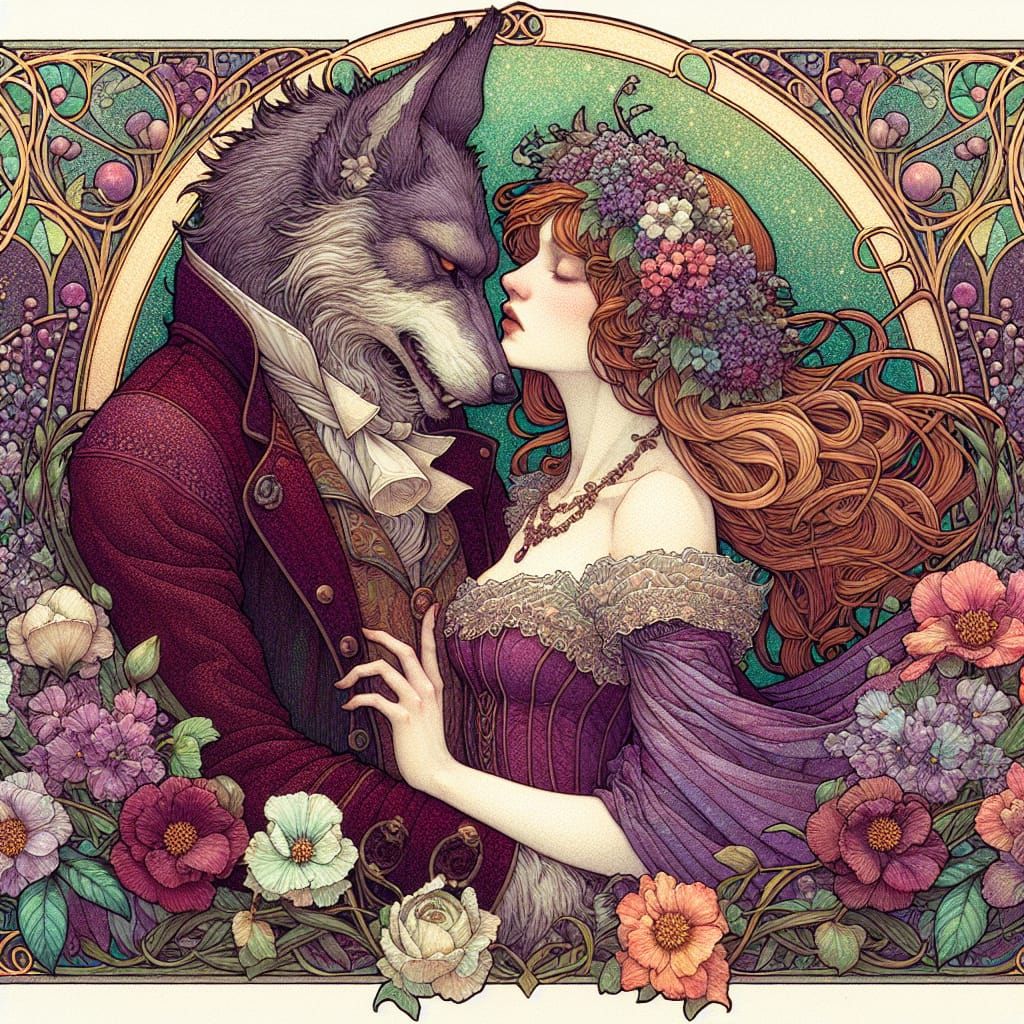 Princess Hugs Werewolf in Floral Forest: Art Nouveau Waterco...