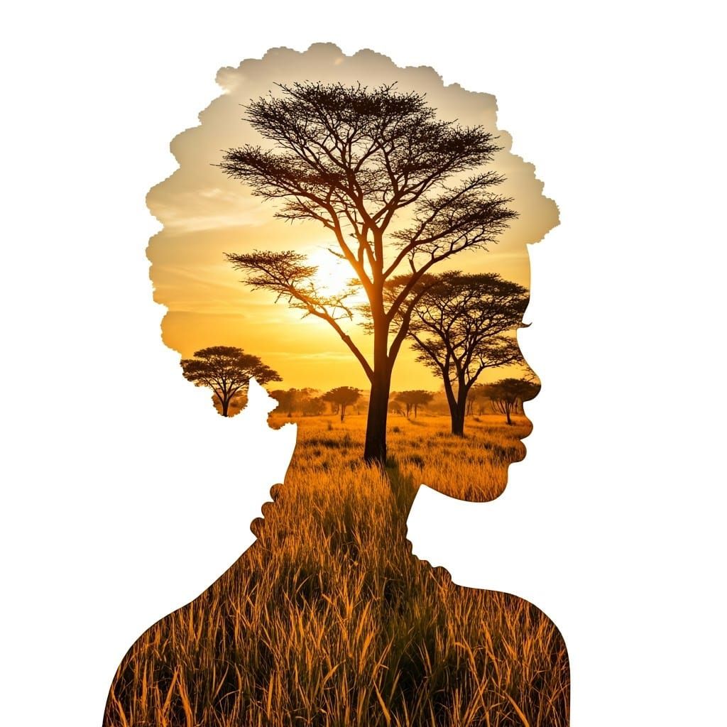 African Lady Silhouette Blends with Sunrise Grasslands in Dr...