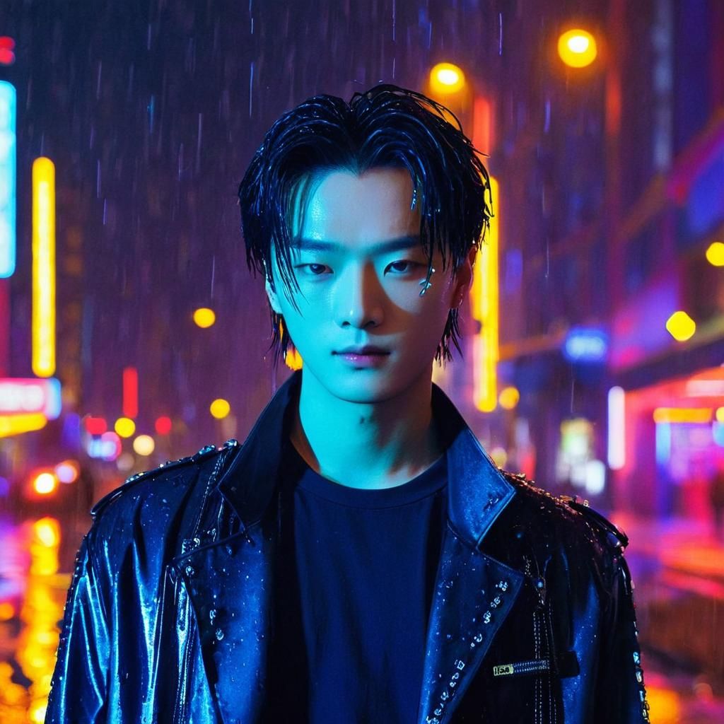 Cyberpunk Figure in Rainy Cityscape