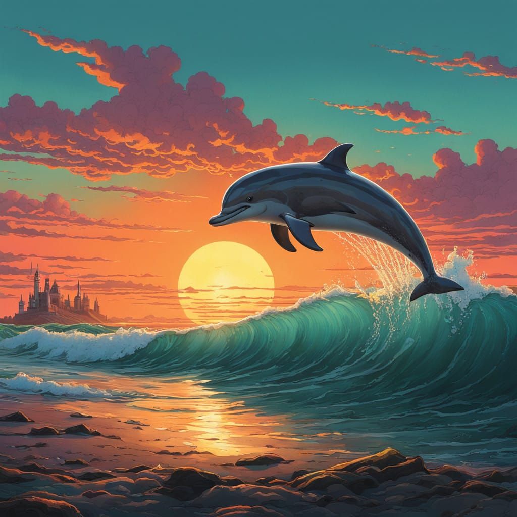 Dolphin Riding Sunset Wave in Vibrant Tropical Paradise
