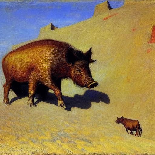 Boar and Sandcastle in Classical Painting Style