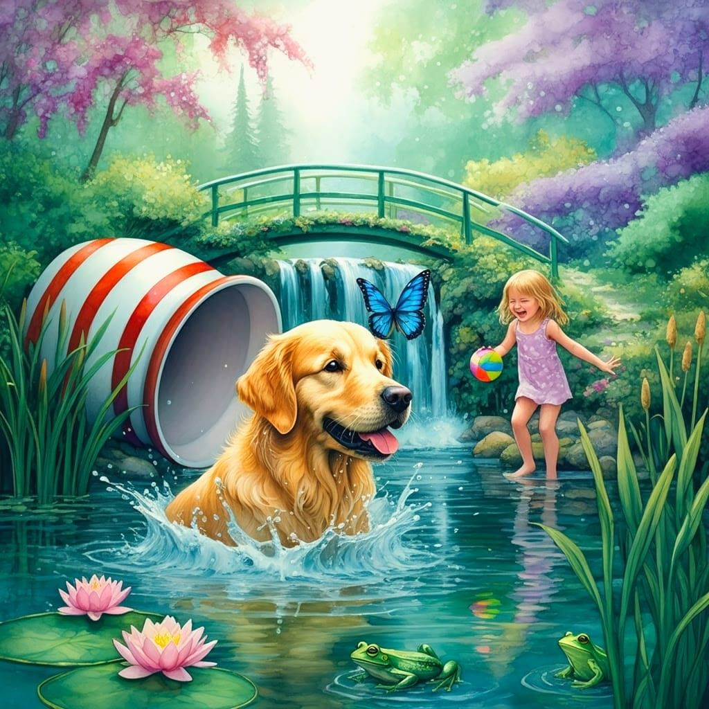 Golden Retriever in Whimsical Pond Scene with Butterfly