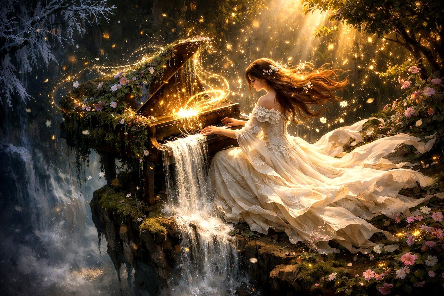 Fantasy Woman Plays Piano on Cliff, Creating Spring