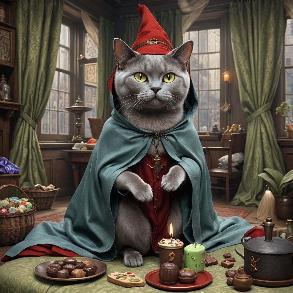 Blue Burmese Cat at Hogwarts in Hyperrealism