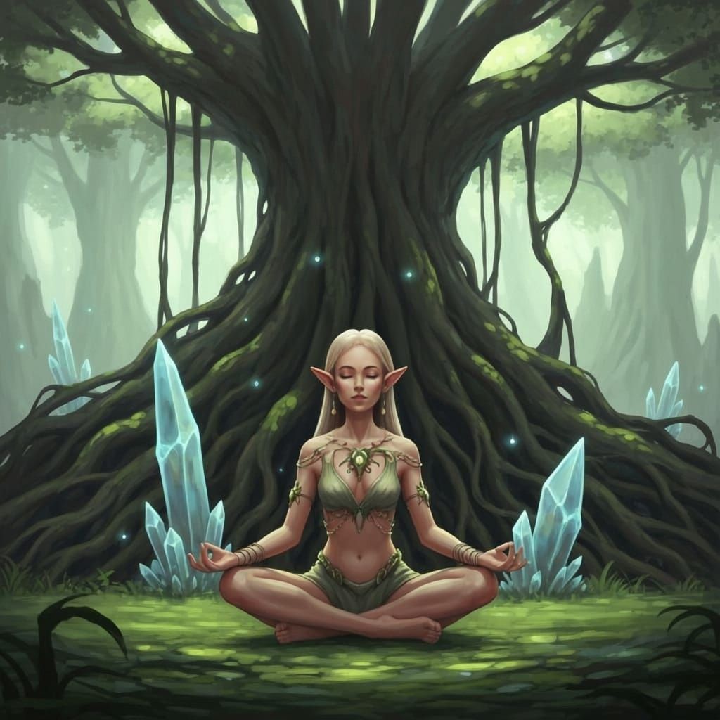 Elegant Elf Meditating Under Ancient Tree